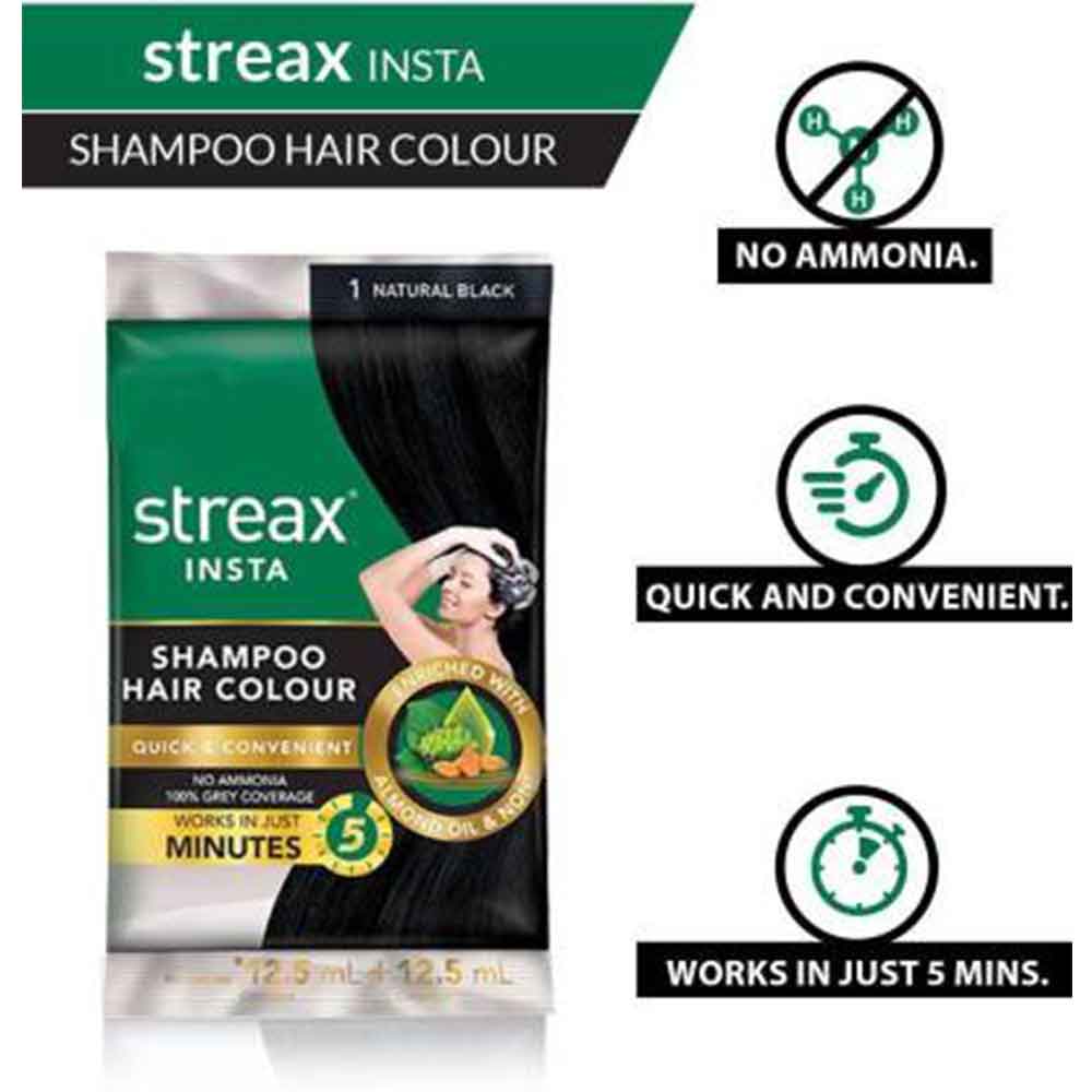 Streax Insta Shampoo Hair Colour - Natural Black 1, [15 ml] - Town Tokri