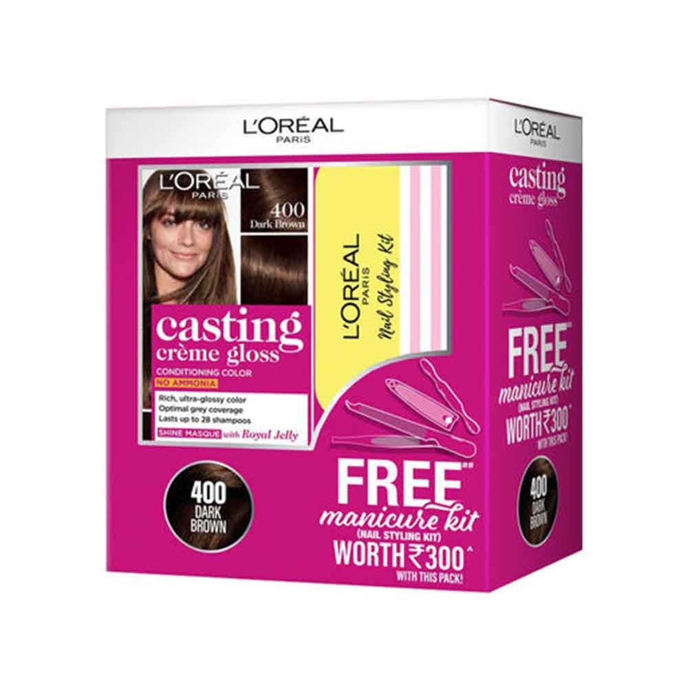 Loreal Casting Creme Gloss 400 Dark Brown Free - Manicure Kit, [ +  72ml] - Town Tokri
