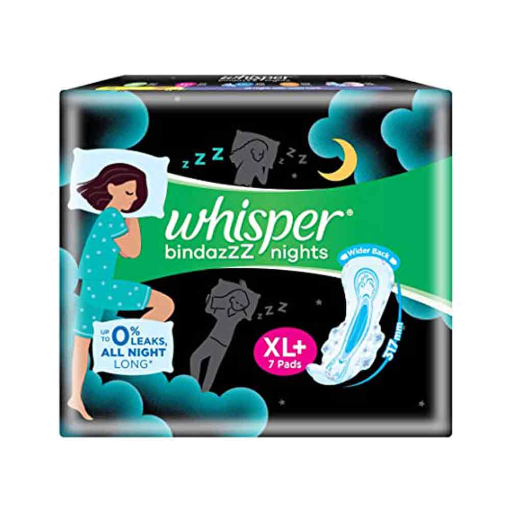 Buy Whisper Bindazzz Nights Sanitary Pads For Women XL+ 7 Napkins from  pandamart (Wari) online